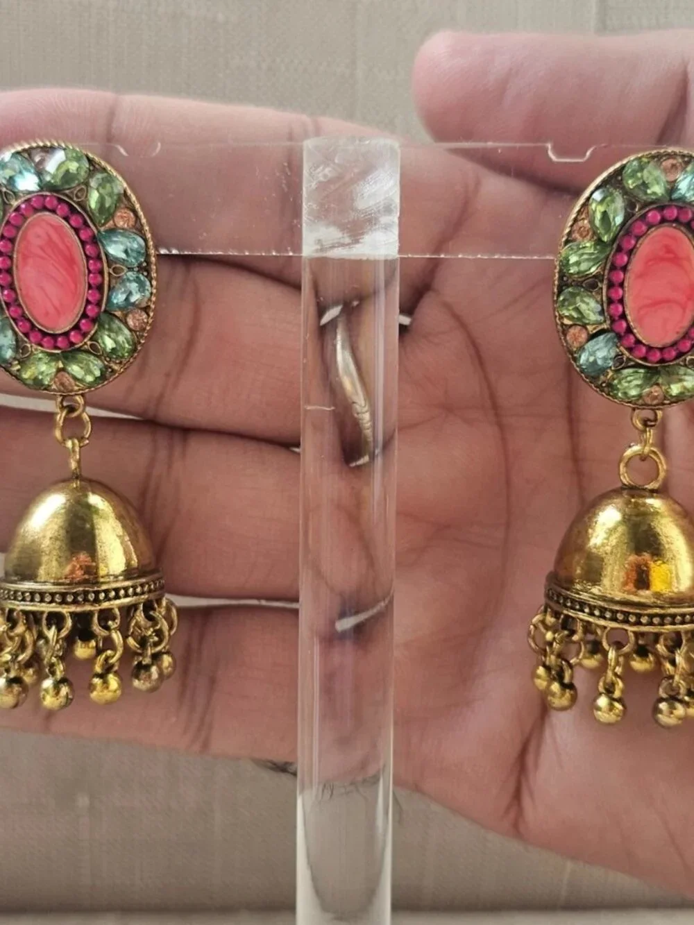 Pakistani Earrings Jhumka Fashion Jewelry Gold Tone Pink Beads Chandelier New - Picture 10 of 13